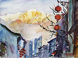 Cityscape with red lantern and snowy mountain 9x12