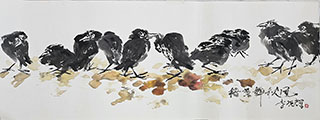 11 Crows in Row Acrylic on Triple Xuan Paper (13.5x35.5)