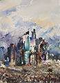 Downtown LA with Snowy Mountains in Background(Watercolor)
