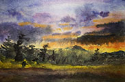 Dramatic Sun Set with Trees and Hills 13x8.75