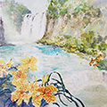 A Drinking Tiger by Waterfall with Daylily Flowers #2